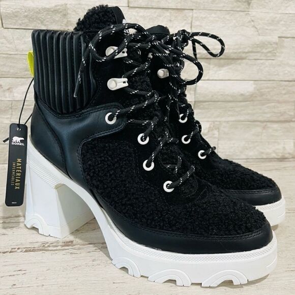 Sorel BREX Heel Cozy Lace Womens Size 9.5 Black/Sea Salt Waterproof Boots NEW - Picture 2 of 16